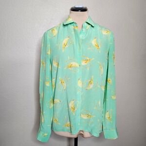 Leifsdottir 100% Silk Bird Print Mint Green Yellow Long Sleeve Button Up Top 4